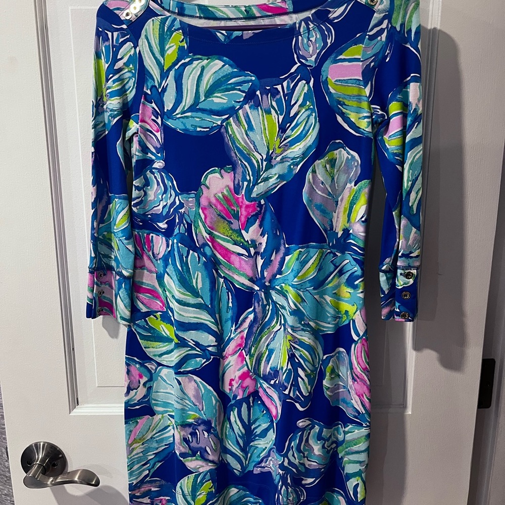Vibrant Blue Leaf Print Dress